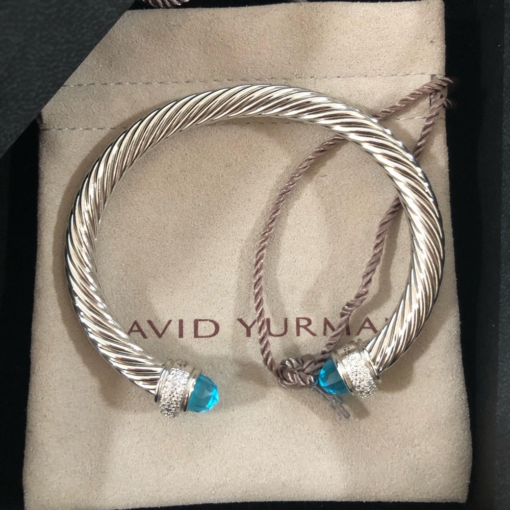 David Yurman Sterling Cable Cuff with Blue Gemstone Terminals - Picture 3 of 4